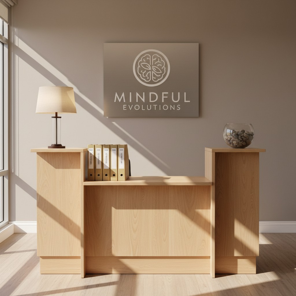 A reception desk located in an office setting, underneath which is the logo sign "MINDFUL EVOLUTIONS".